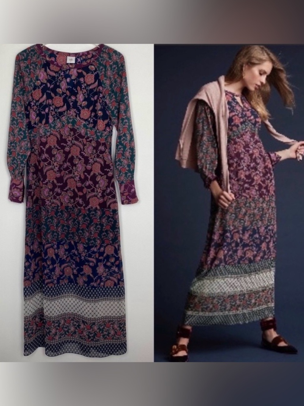 Cabi Festive Floral Keyhole Boho fall Maxi Dress, style 3575, size Medium